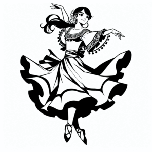 Coloring page of a female dancer, traditional folk dancer jumping mid-air