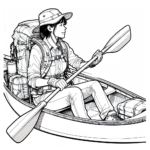 Coloring page of a female explorer, adventurous traveler paddling a canoe