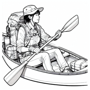 Coloring page of a female explorer, adventurous traveler paddling a canoe