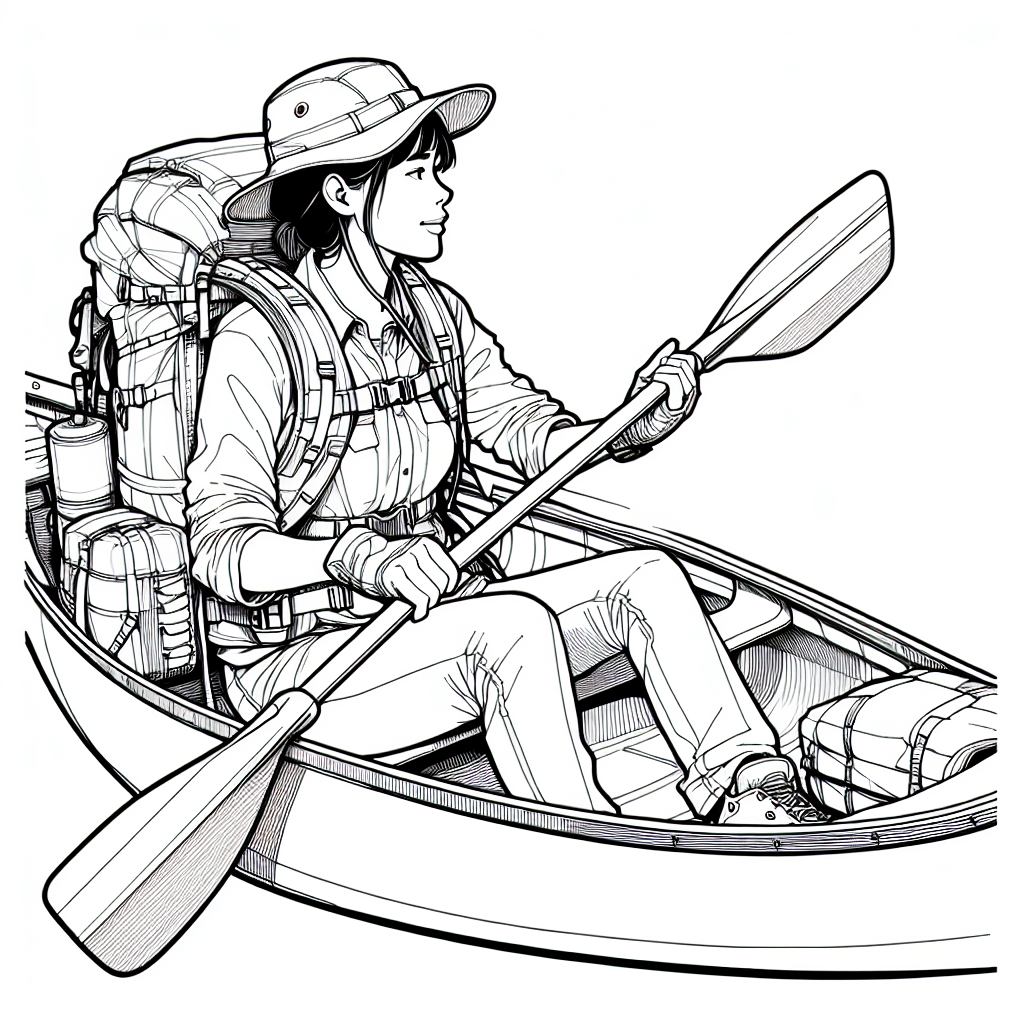 Coloring page of a female explorer, adventurous traveler paddling a canoe