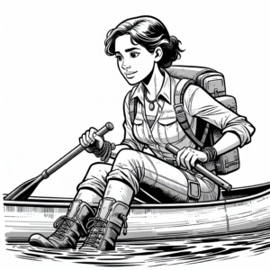Coloring page of a female explorer, archaeologist paddling a canoe
