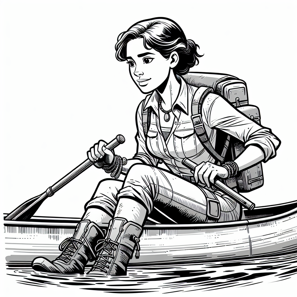 Coloring page of a female explorer, archaeologist paddling a canoe
