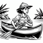 Coloring page of a female explorer, archaeologist paddling a canoe
