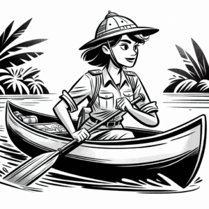 Coloring page of a female explorer, archaeologist paddling a canoe