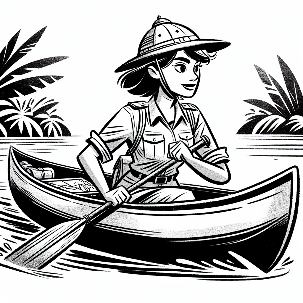 Coloring page of a female explorer, archaeologist paddling a canoe