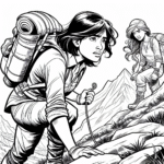 Coloring page of a female explorer, mountain climber climbing a hill