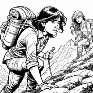 Coloring page of a female explorer, mountain climber climbing a hill