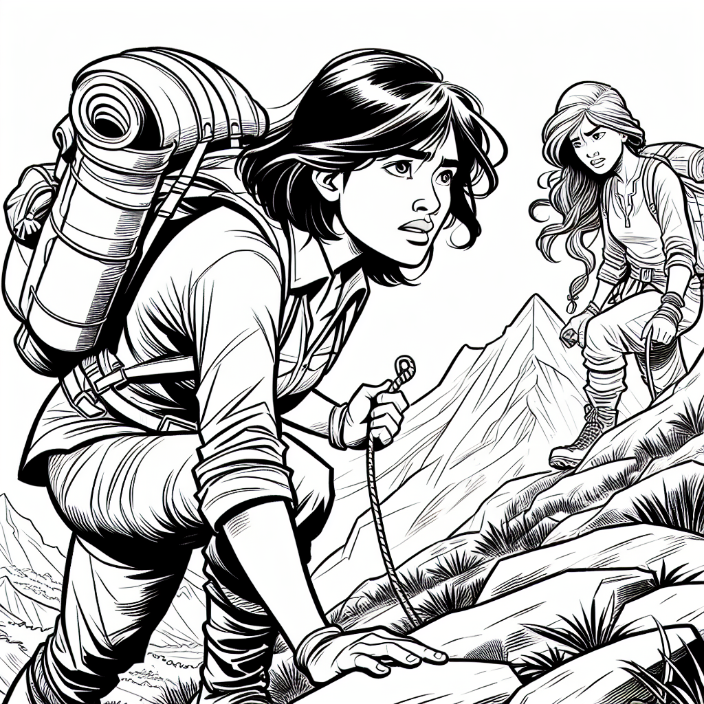 Coloring page of a female explorer, mountain climber climbing a hill