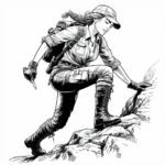 Coloring page of a female explorer, mountain climber climbing a hill