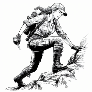 Coloring page of a female explorer, mountain climber climbing a hill