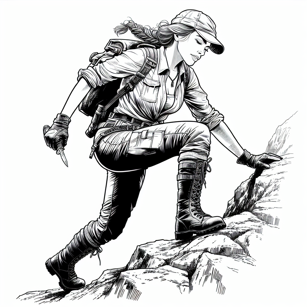 Coloring page of a female explorer, mountain climber climbing a hill