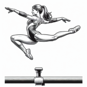 Coloring page of a female gymnast, acrobat balancing on a beam