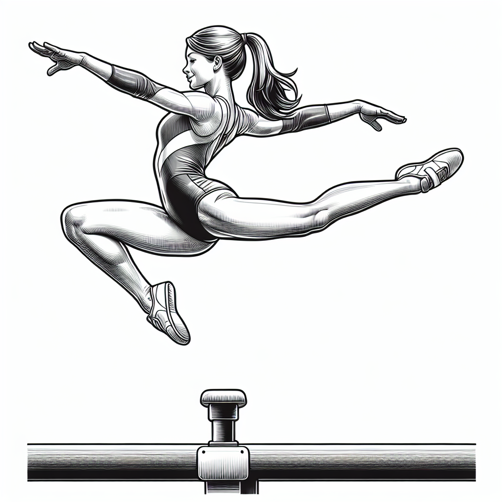 Coloring page of a female gymnast, acrobat balancing on a beam