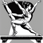 Coloring page of a female gymnast, artistic gymnast balancing on a beam
