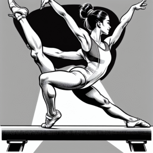 Coloring page of a female gymnast, artistic gymnast balancing on a beam