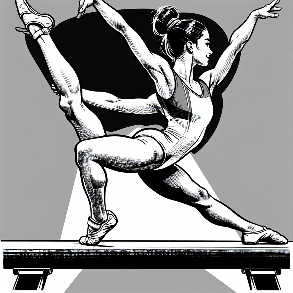 Coloring page of a female gymnast, artistic gymnast balancing on a beam