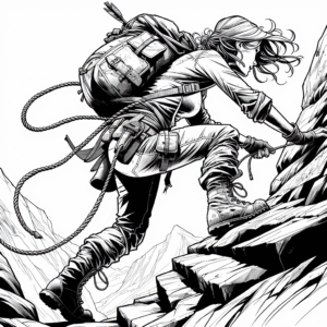Coloring page of a female rogue, lost civilization discoverer scaling a cliff