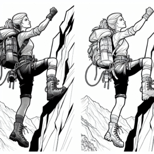 Coloring page of a female rogue, mountain climber scaling a cliff