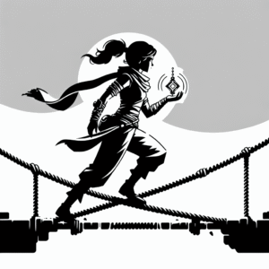 Coloring page of a female wanderer, heroic traveler crossing a rope bridge