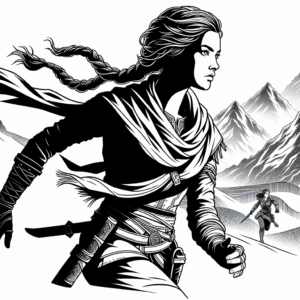 Coloring page of a female warrior traveler, mountain climber running from danger