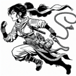Coloring page of a female warrior traveler, mystic seeker running from danger