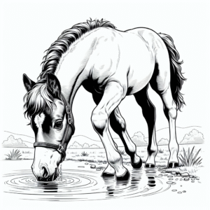 Coloring page of a foal, show jumper drinking from a stream