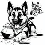 Coloring page of a German Shepherd dog, brave protector playing with a ball