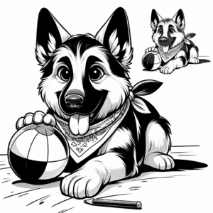 Coloring page of a German Shepherd dog, brave protector playing with a ball