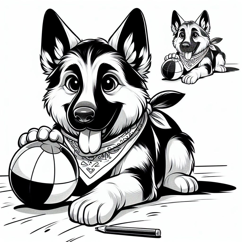 Coloring page of a German Shepherd dog, brave protector playing with a ball