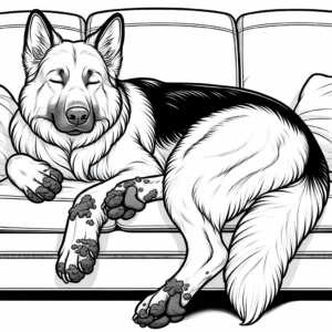 Coloring page of a German Shepherd dog, curious explorer sleeping on a couch