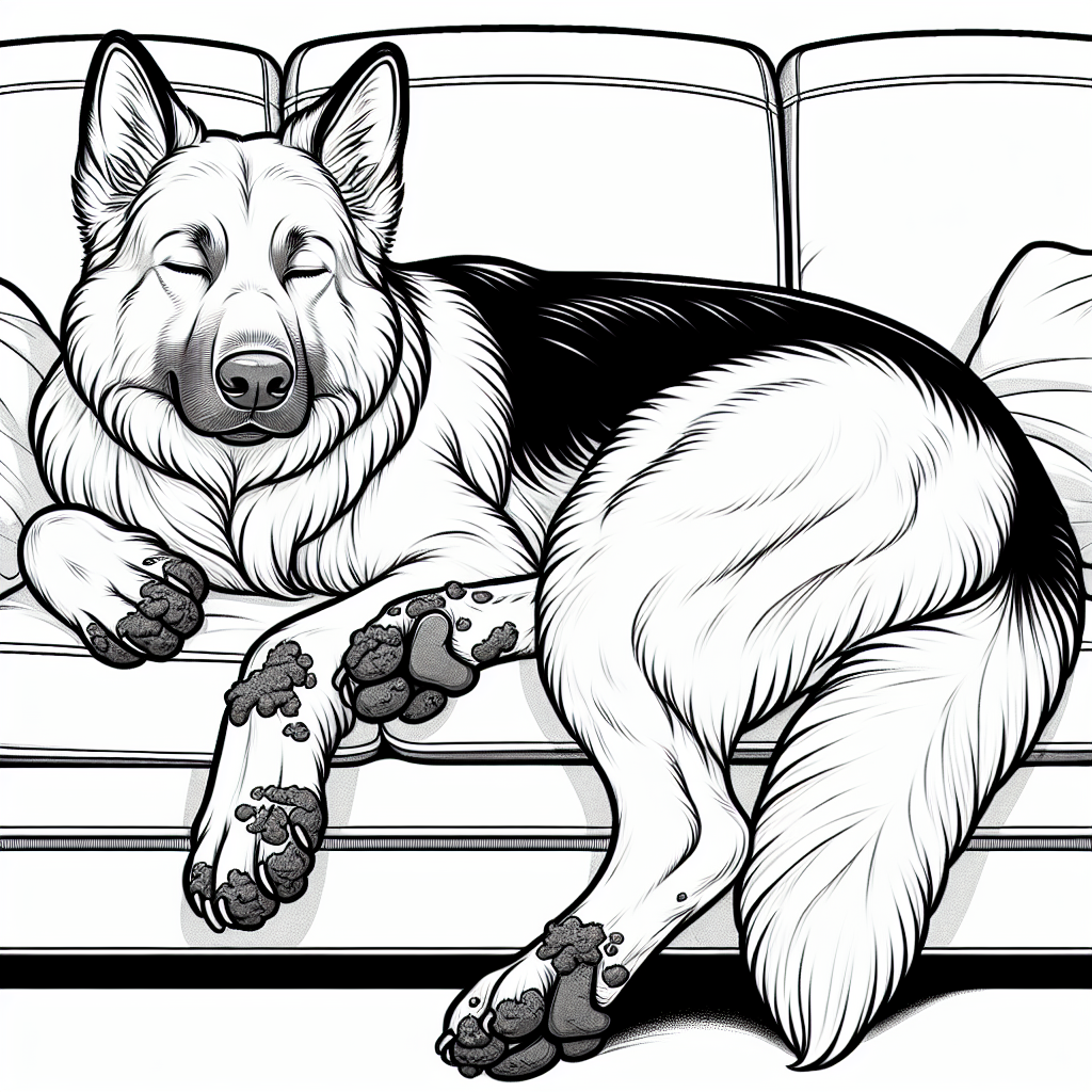 Coloring page of a German Shepherd dog, curious explorer sleeping on a couch