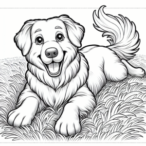 Coloring page of a Golden Retriever dog, brave protector rolling on the grass