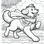 Coloring page of a Golden Retriever dog, brave protector running in a park