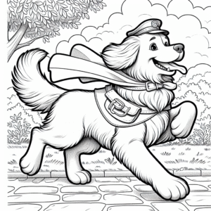 Coloring page of a Golden Retriever dog, brave protector running in a park