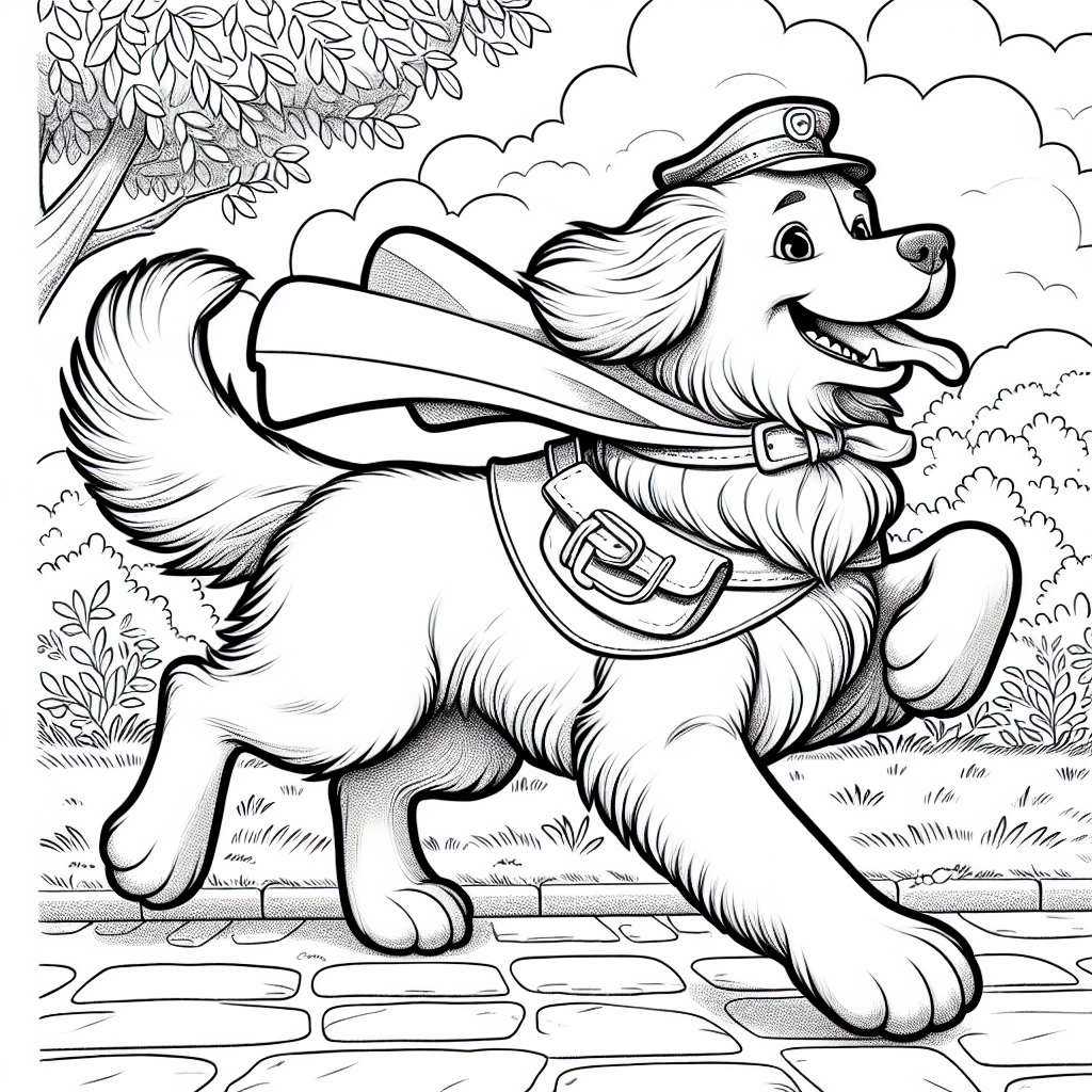 Coloring page of a Golden Retriever dog, brave protector running in a park