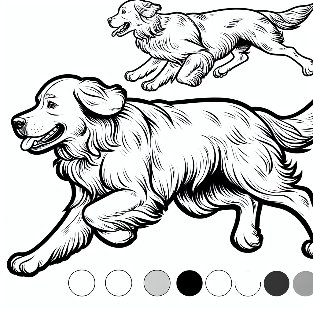 Coloring page of a Golden Retriever dog, brave protector running in a park