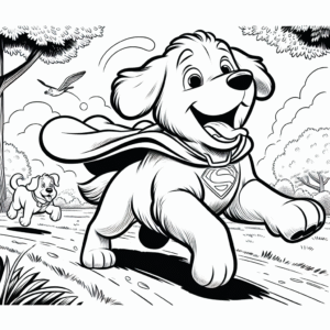 Coloring page of a Golden Retriever dog, curious explorer running in a park