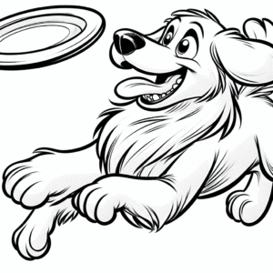 Coloring page of a Golden Retriever dog, loyal companion catching a frisbee