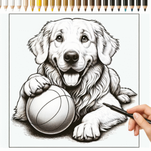 Coloring page of a Golden Retriever dog, loyal companion playing with a ball