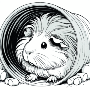 Coloring page of a guinea pig, playful pet peeking from a tunnel
