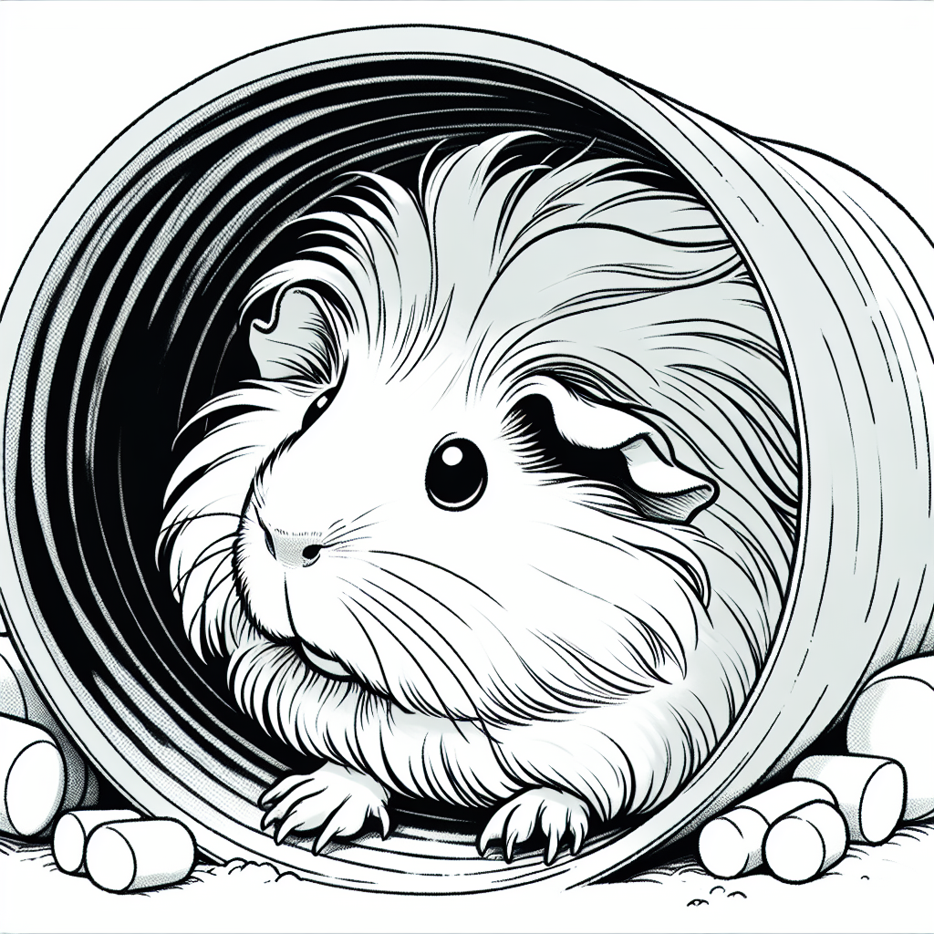 Coloring page of a guinea pig, playful pet peeking from a tunnel