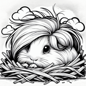 Coloring page of a guinea pig, tiny explorer hiding under hay
