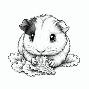 Coloring page of a guinea pig, tiny explorer nibbling on lettuce