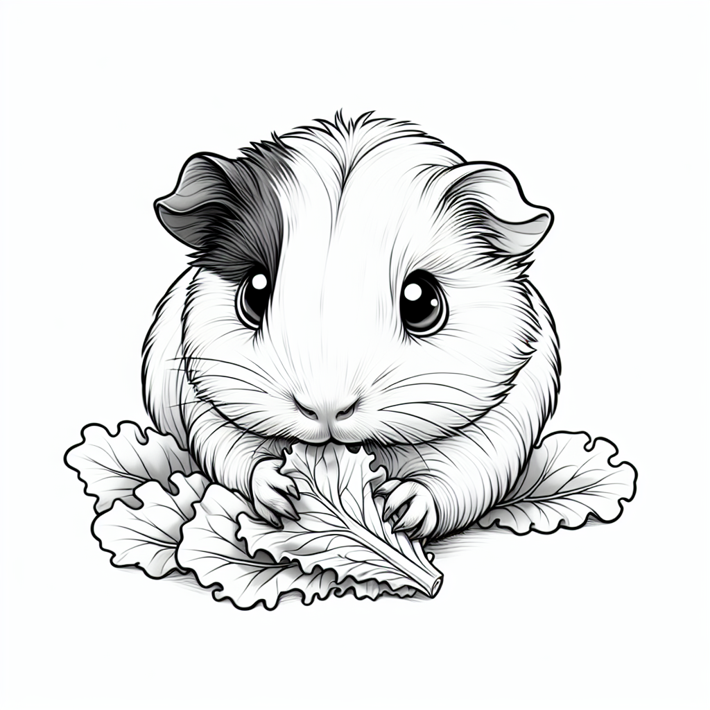Coloring page of a guinea pig, tiny explorer nibbling on lettuce