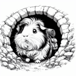 Coloring page of a guinea pig, tiny explorer peeking from a tunnel
