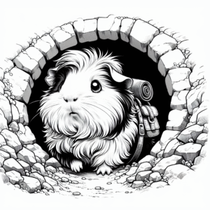 Coloring page of a guinea pig, tiny explorer peeking from a tunnel