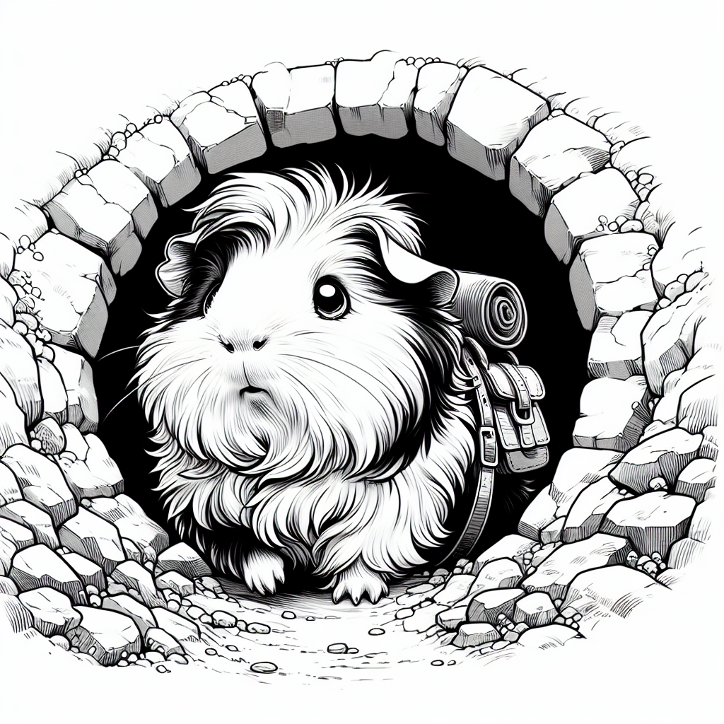 Coloring page of a guinea pig, tiny explorer peeking from a tunnel