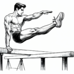 Coloring page of a gymnast, acrobat balancing on a beam