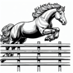 Coloring page of a horse, farm horse jumping over a fence