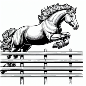 Coloring page of a horse, farm horse jumping over a fence